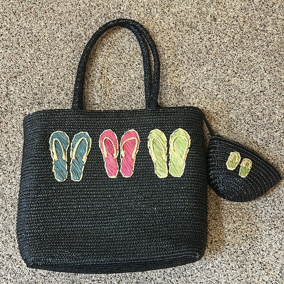 Straw Woven Black Beach Summer Large Tote with Flip Flops design + small bag - Picture 7 of 16